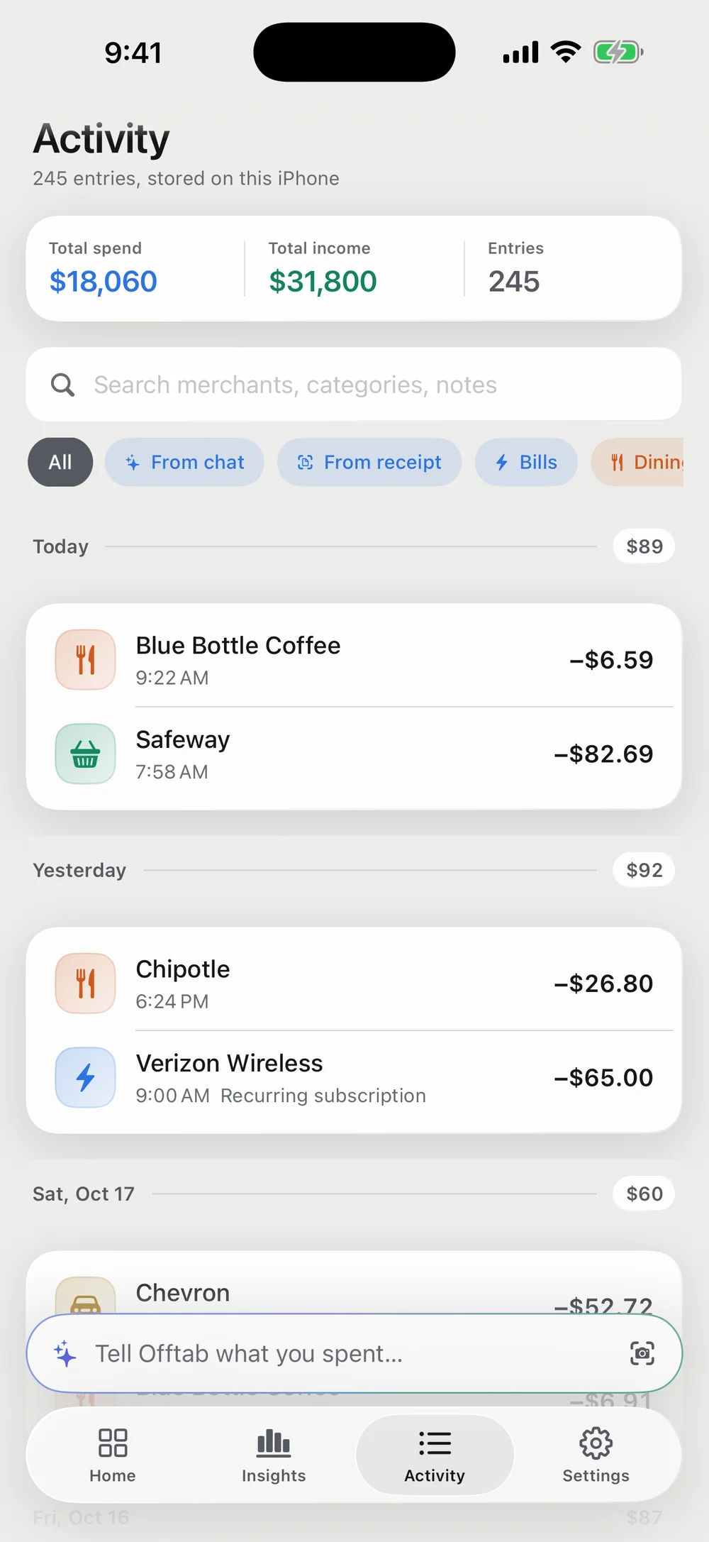 Activity: every entry by day, with a search field and filters for entries from chat, receipts and bills.