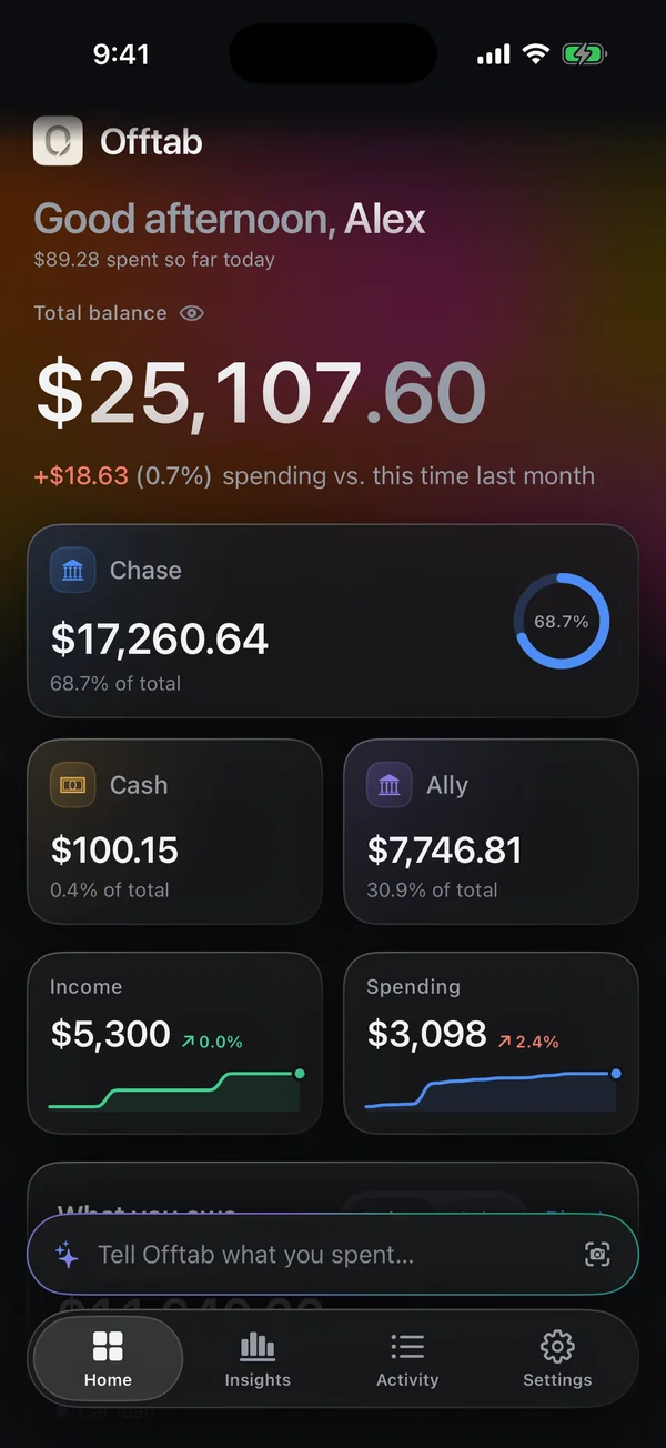 Offtab’s home screen in the Dark theme.