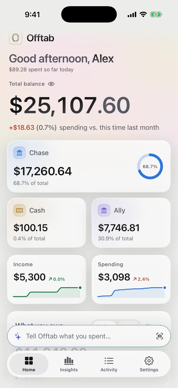 Offtab’s home screen in the Light theme.