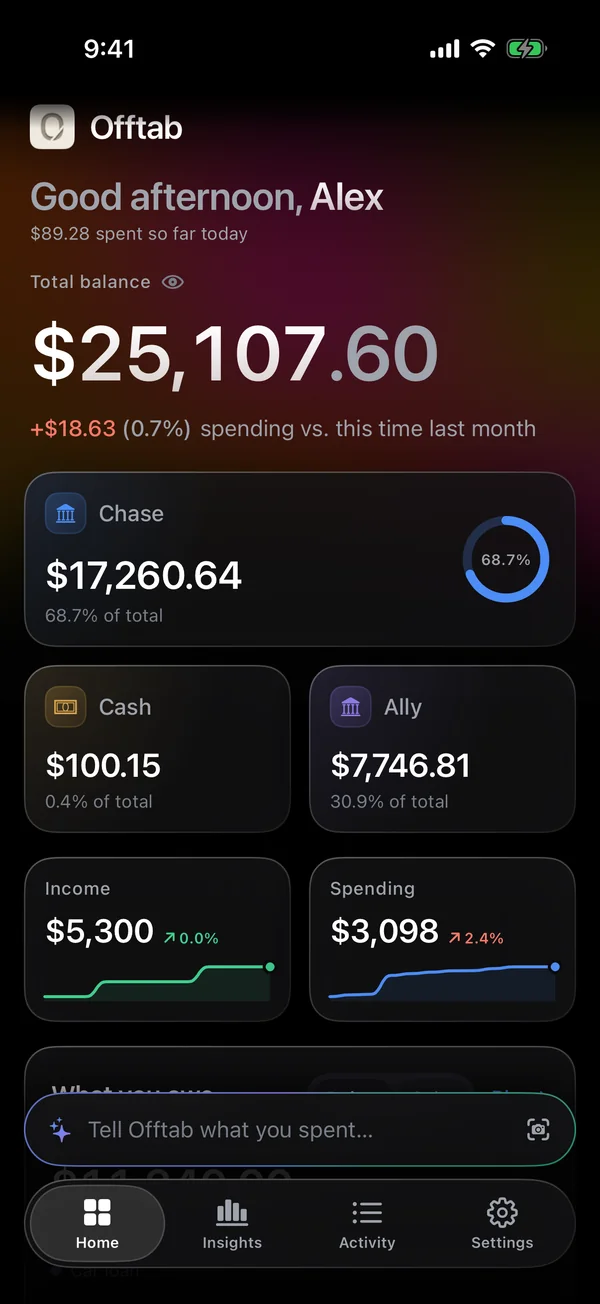 Offtab’s home screen in the Midnight theme.